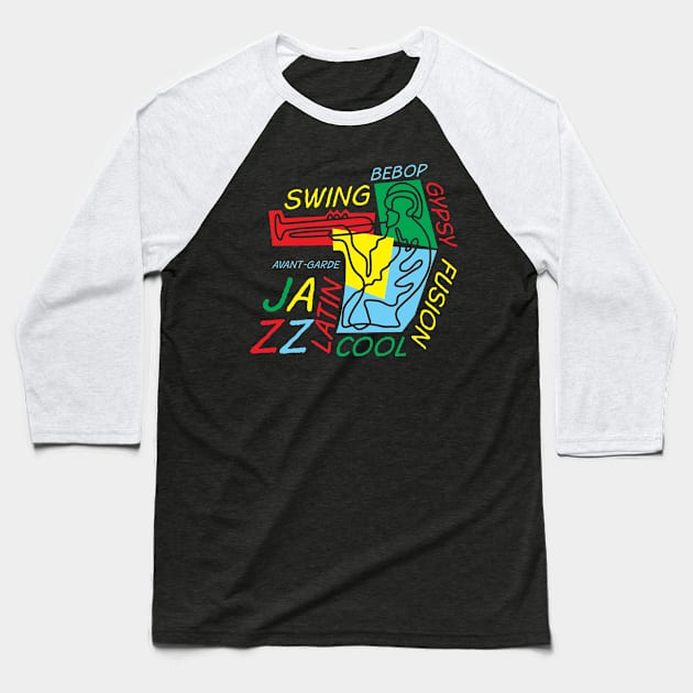 Funny Colorful Jazz Trumpeter Baseball T-Shirt by jazzworldquest